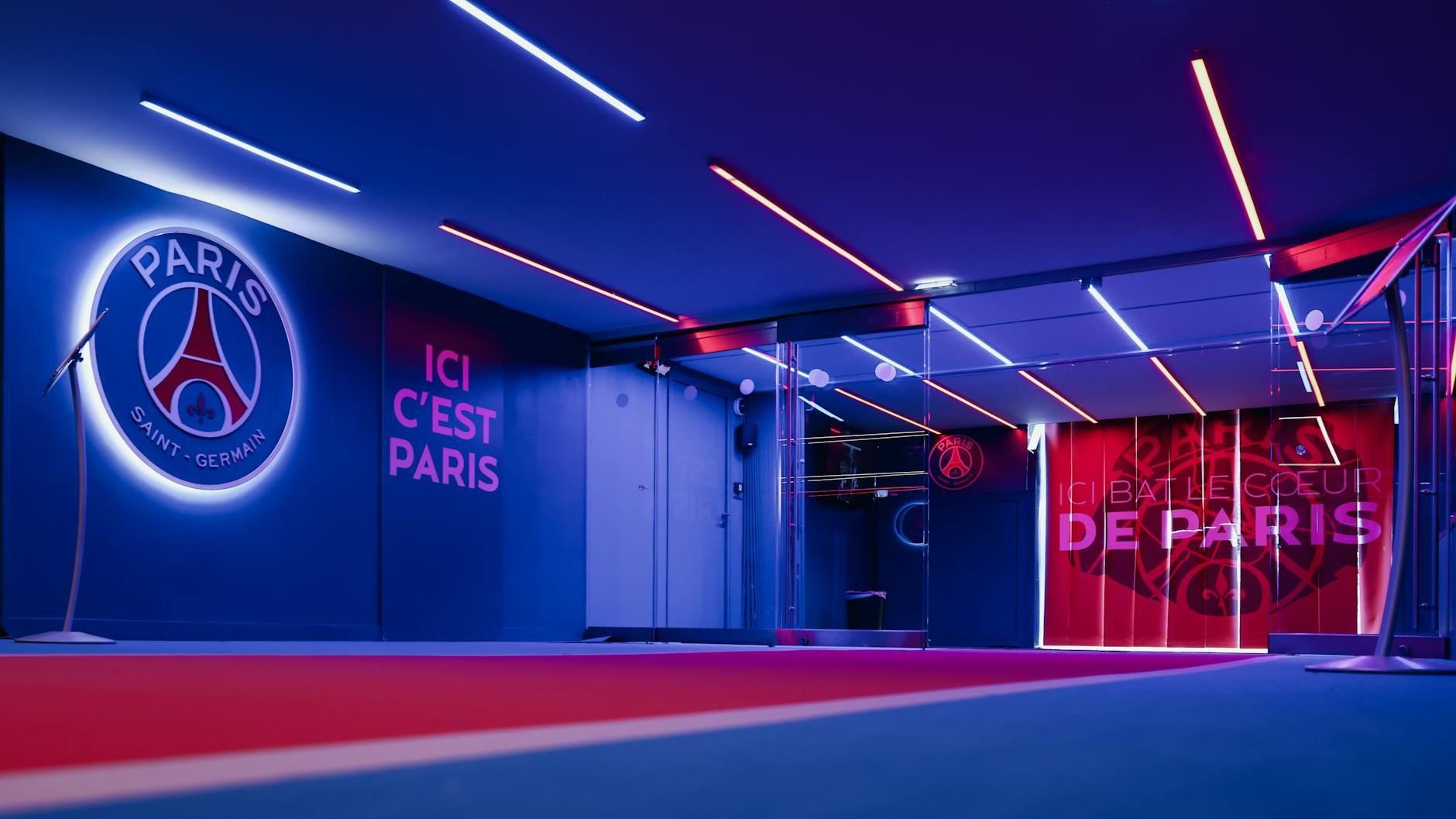 vibrant psg entrance hallway with neon lights