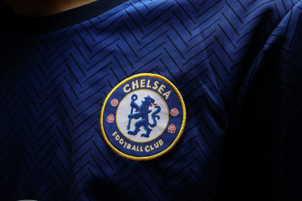 chelsea football club patch on a blue jersey shirt